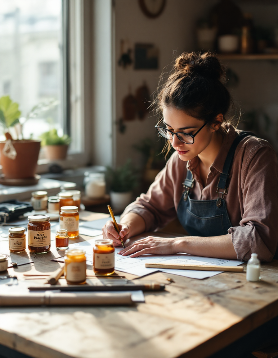 Fenwick Lane's designer sketching a label dieline at the studio worktable