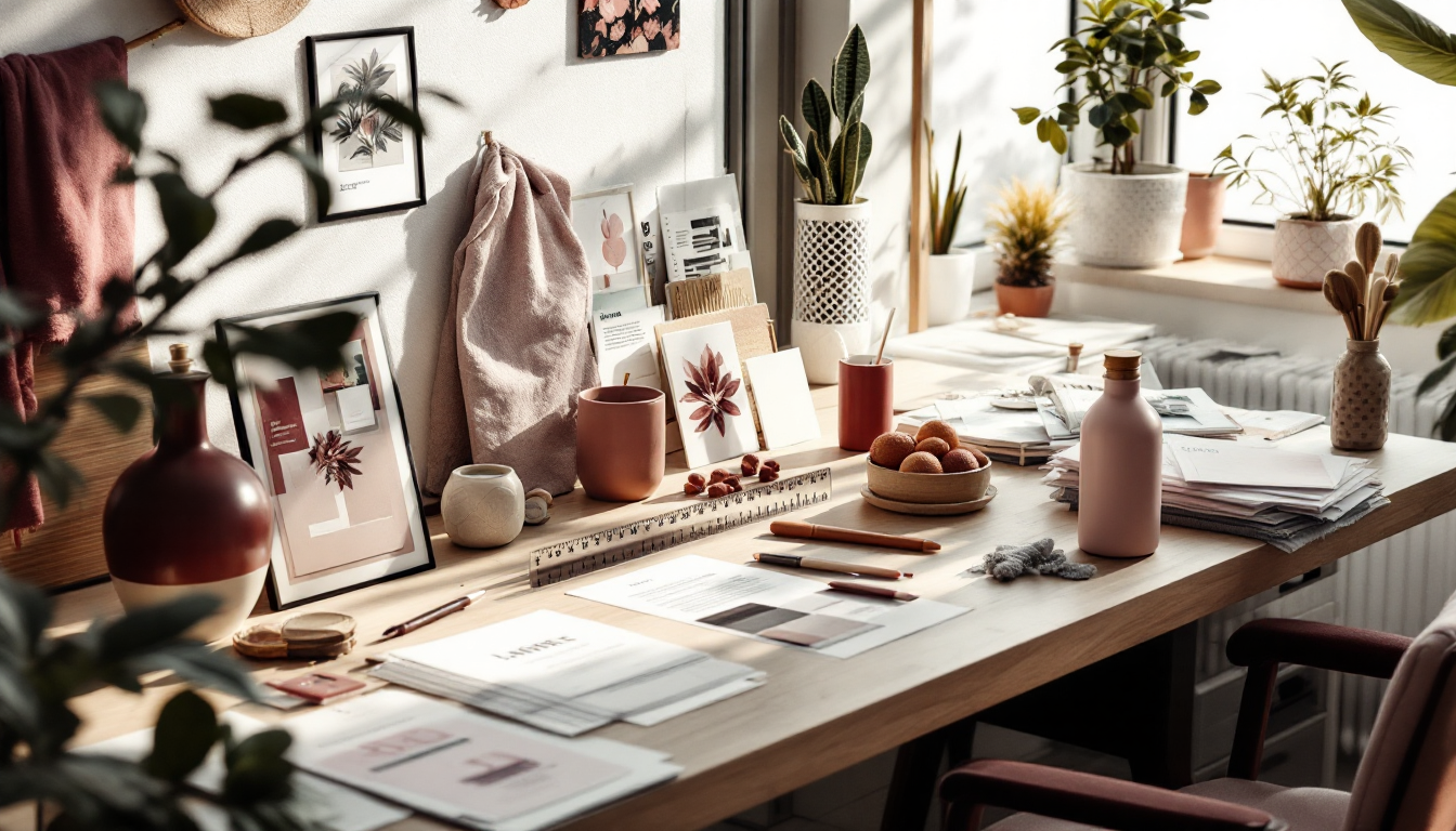 A bright studio desk with label proofs, swatches and a bottle mockup