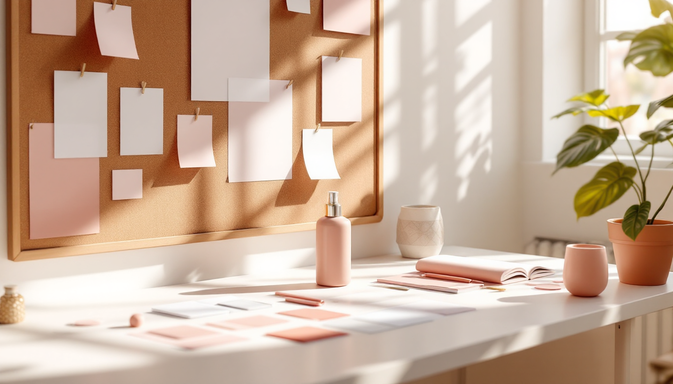 A bright studio desk with label proofs, swatches and a bottle mockup